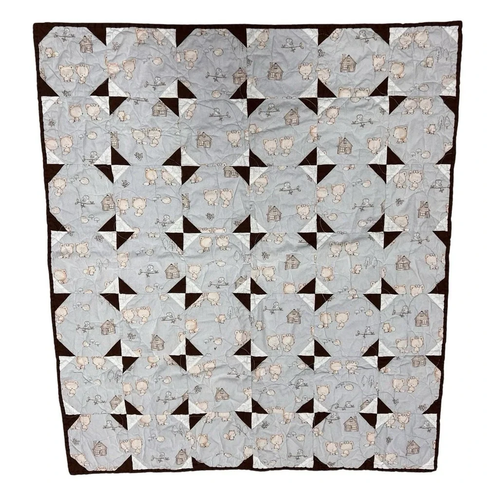 Handmade Vintage Kitty Cats Baby Quilt Square Patchwork 2 Sided 32.5 x 36.5